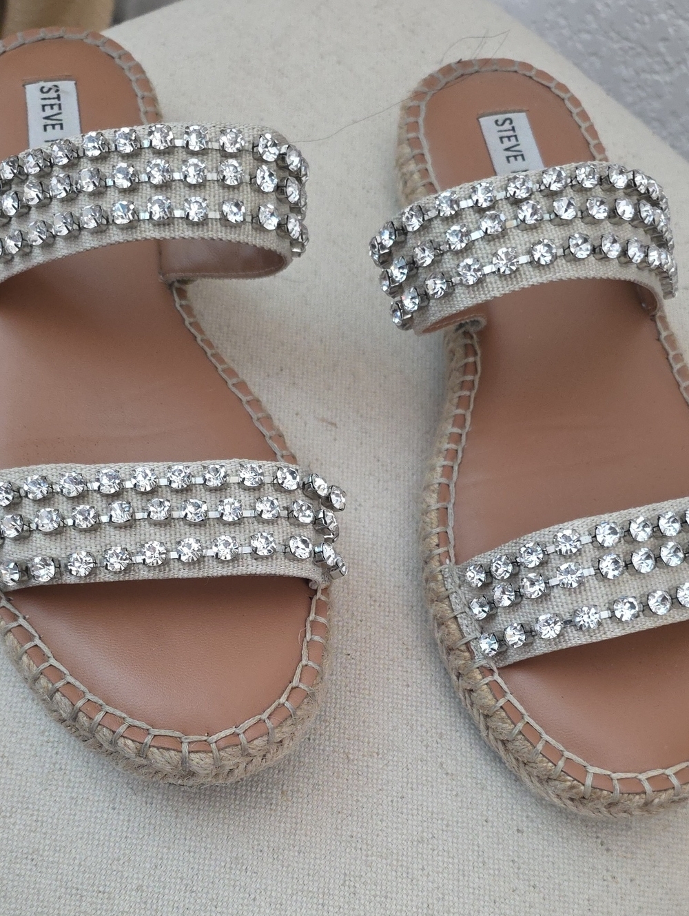 Steve Madden Crystal-Embellished Beige Espadrille Slide Sandals 7.5
